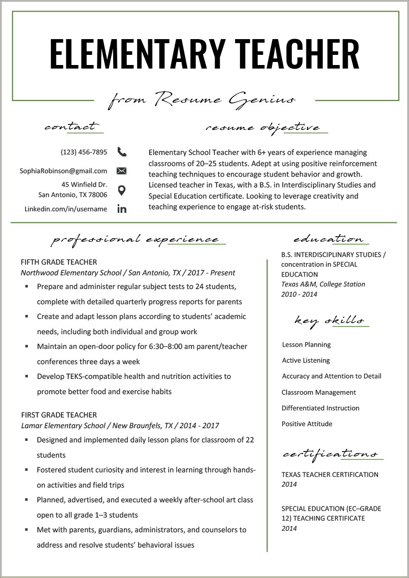 Example Of Resume For Teaching Position