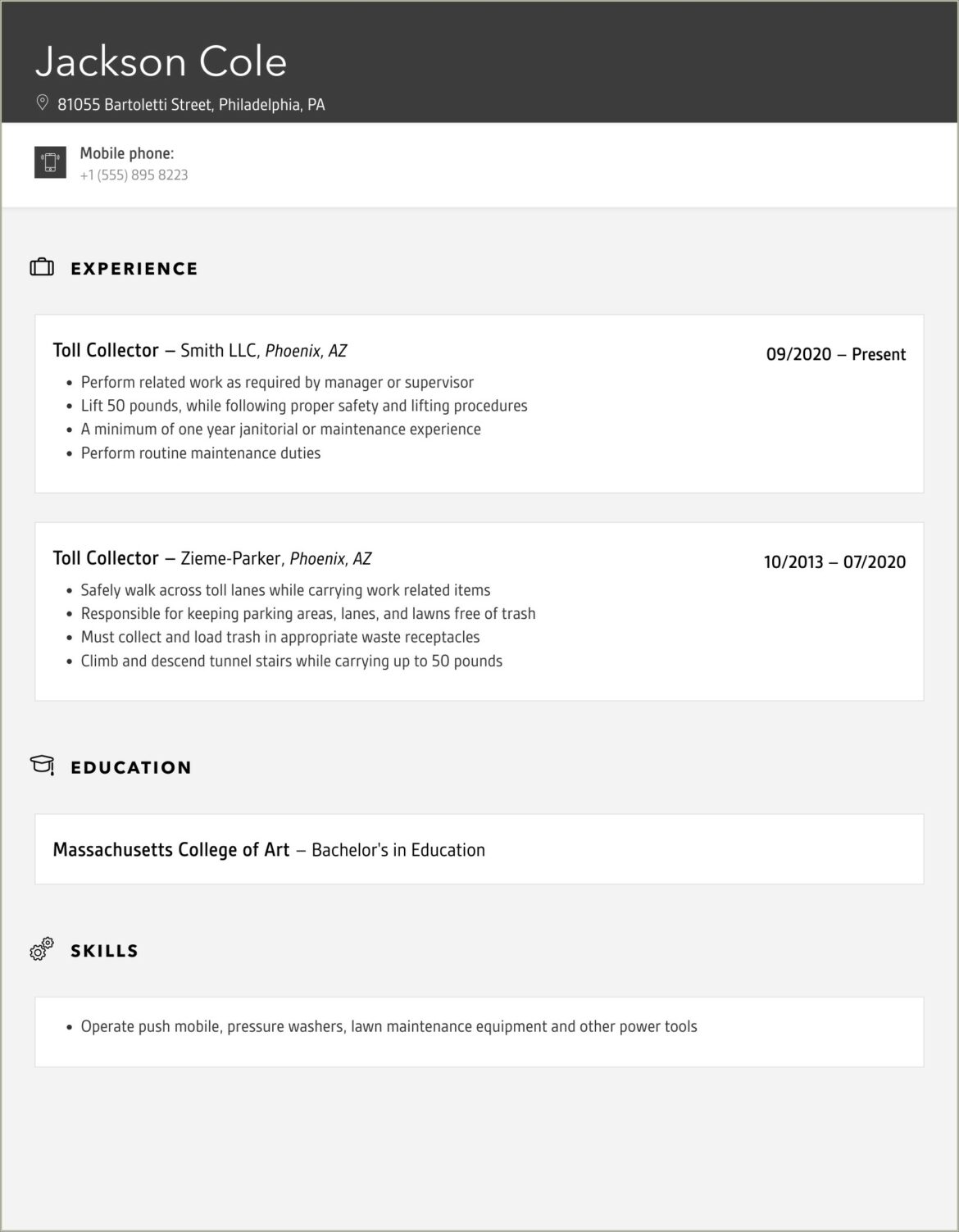 Example Of Resume For Toll Collector