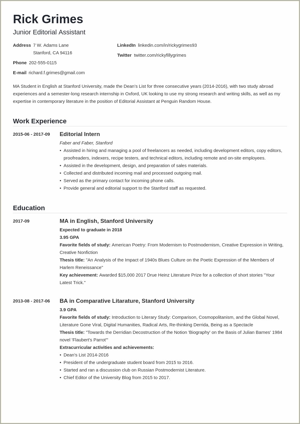 Example Of Resume For Undergraduate Student