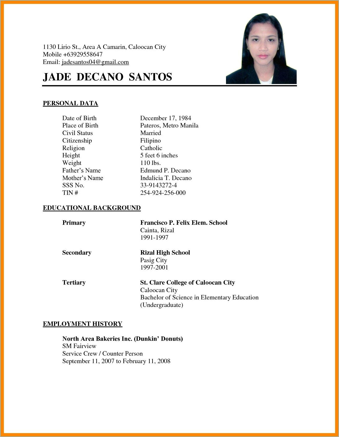 Example Of Resume Format For Abroad