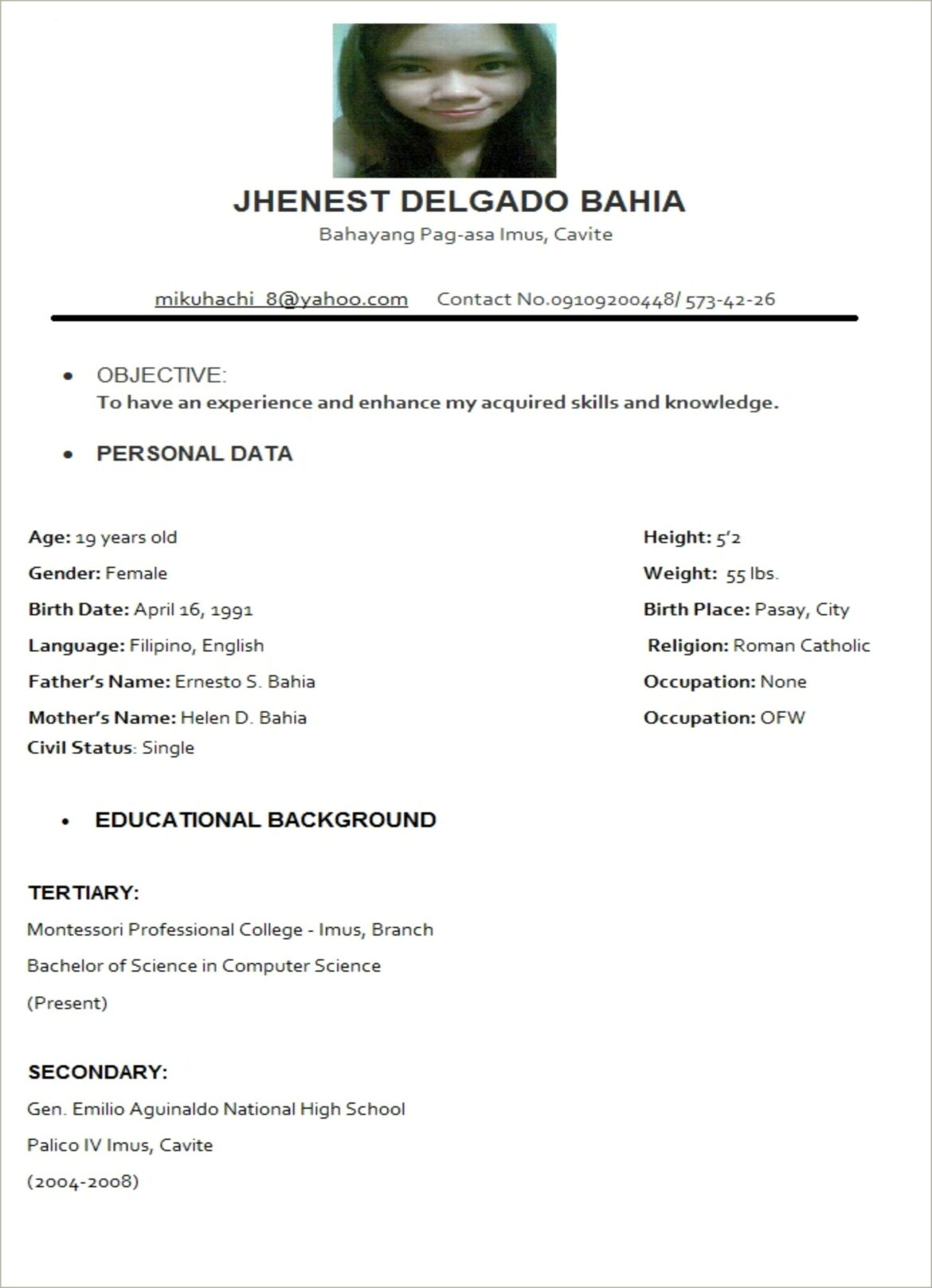 Example Of Resume Format For Ojt