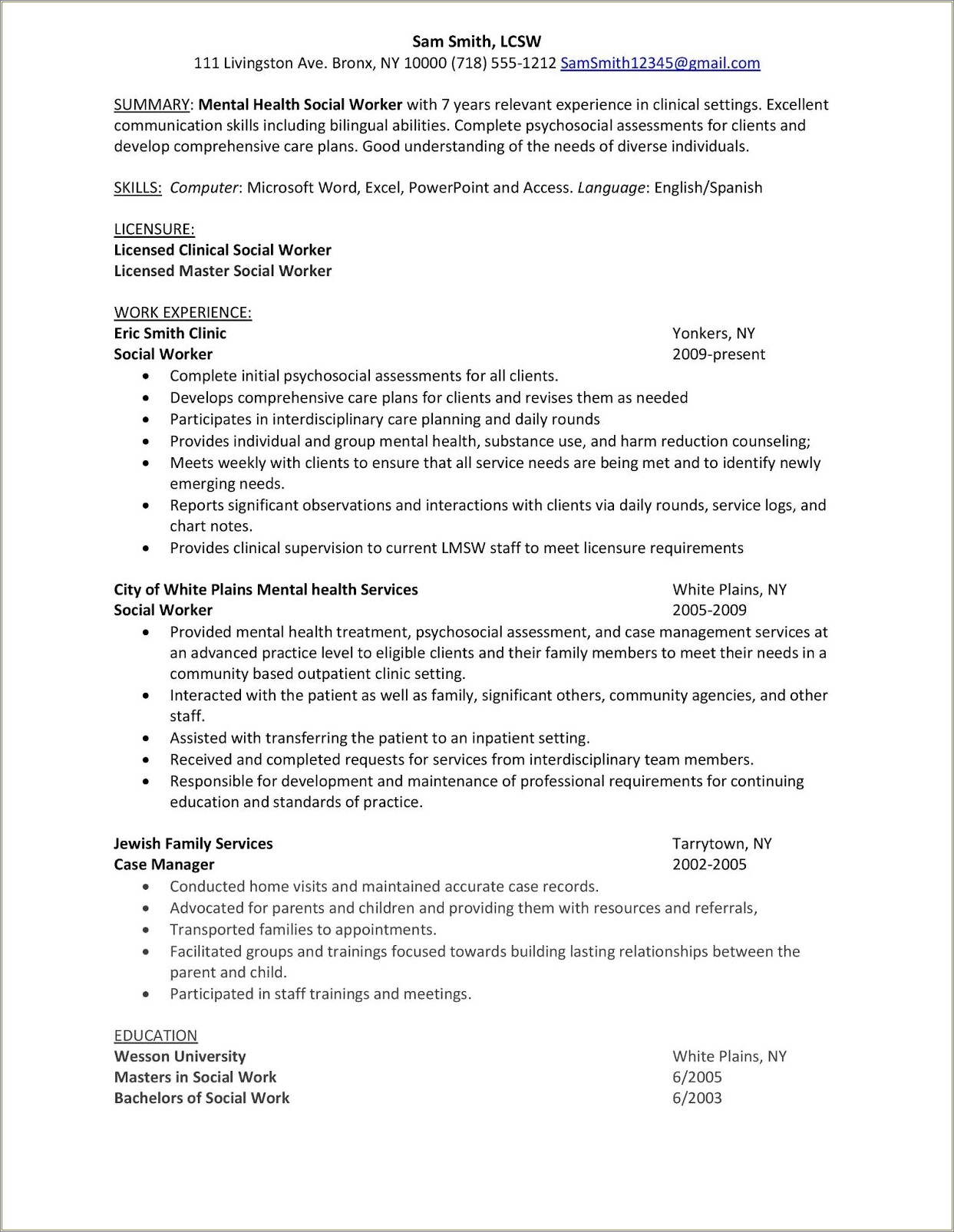 Example Of Resume In Cliical Social Work