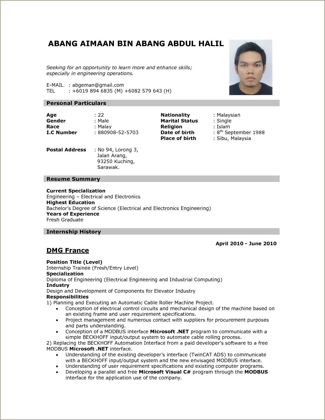 Example Of Resume In Narrative Form