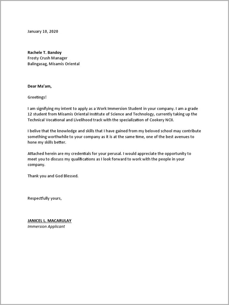 Example Of Resume Letter For Immersion