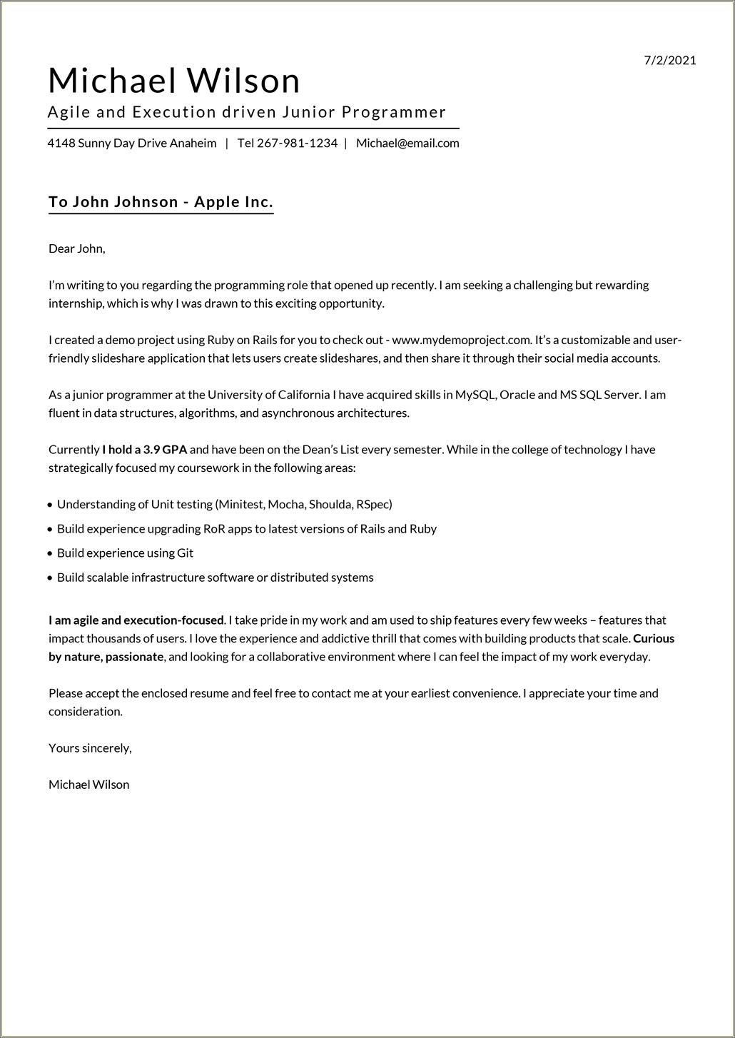 Example Of Resume Letter For Job Application