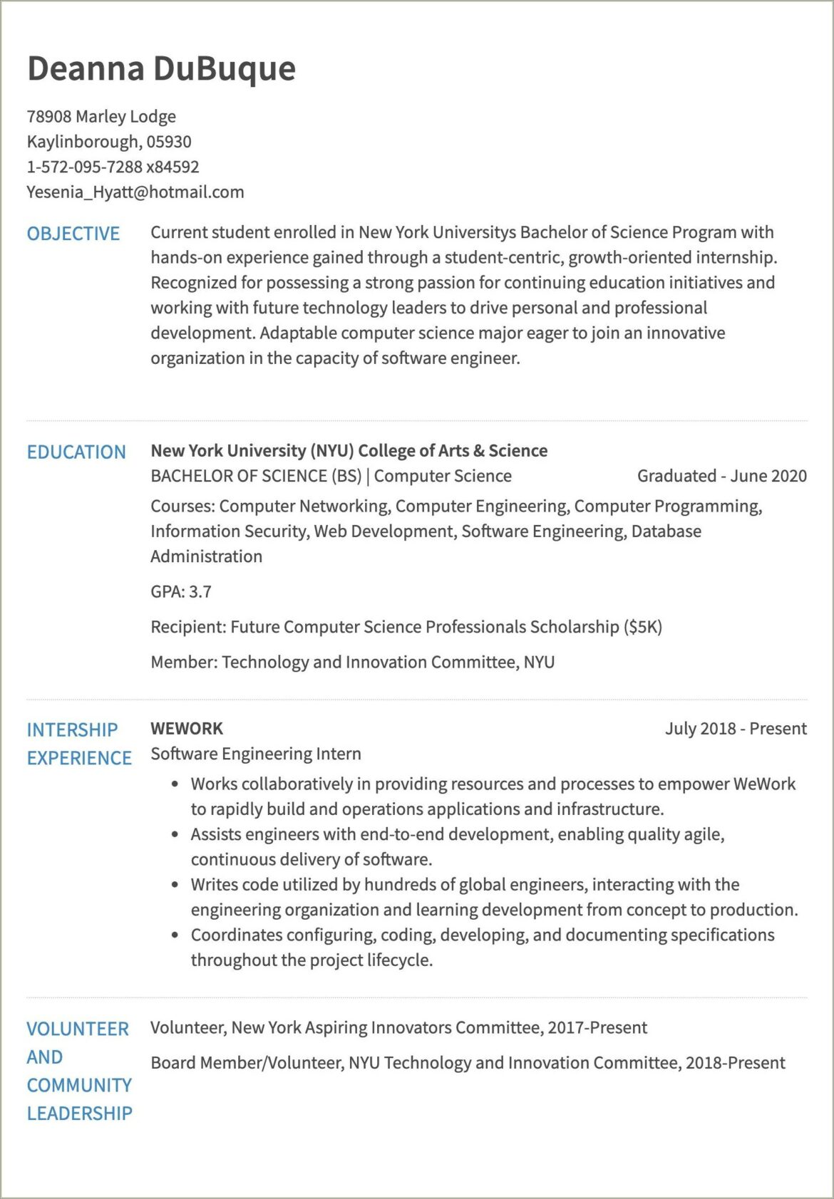 Example Of Resume Objective For Internship