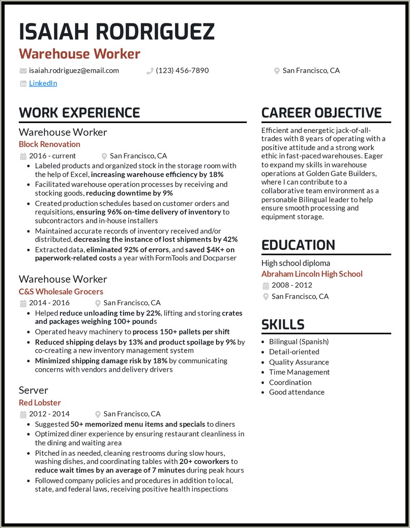 Example Of Resume Objective For Warehouse