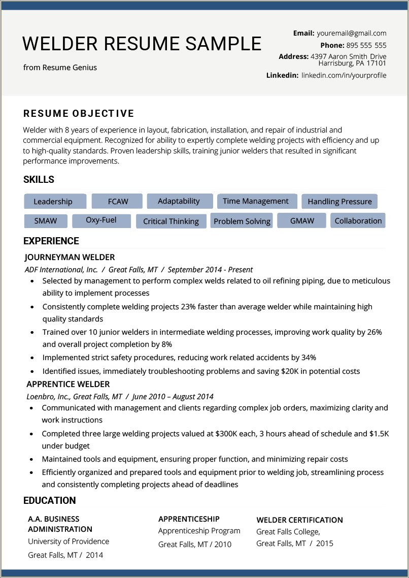 Example Of Resume Objective For Welder