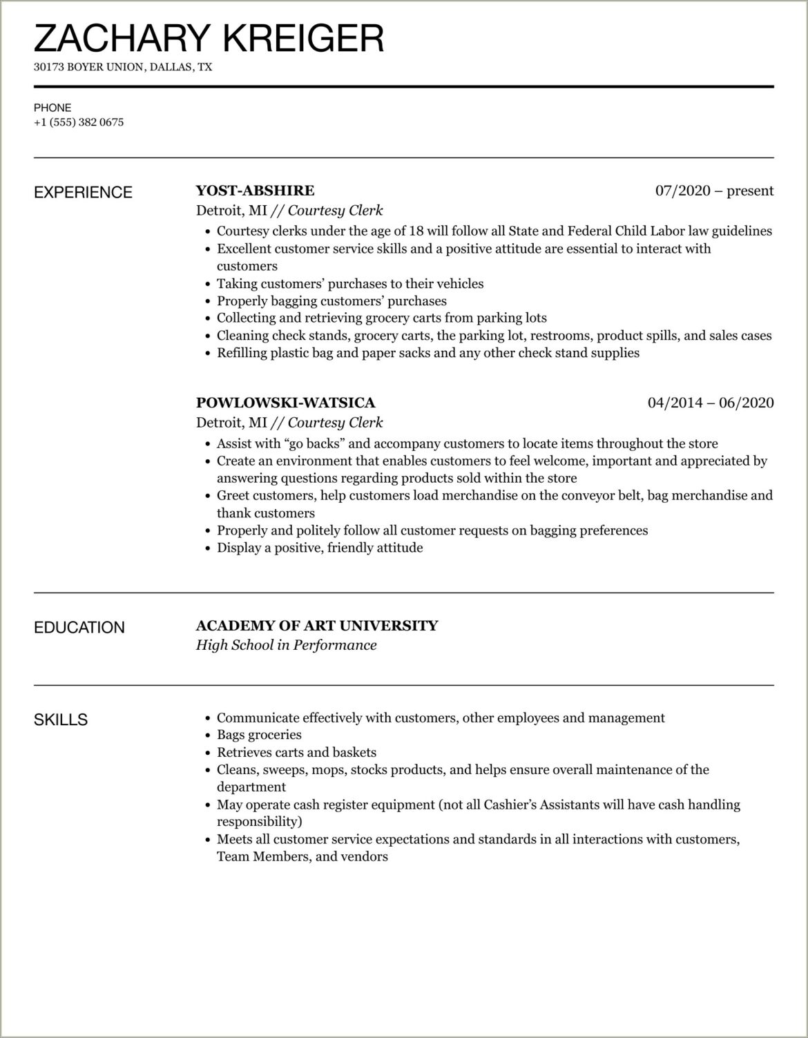 Example Of Resume Of Courtesy Clerk