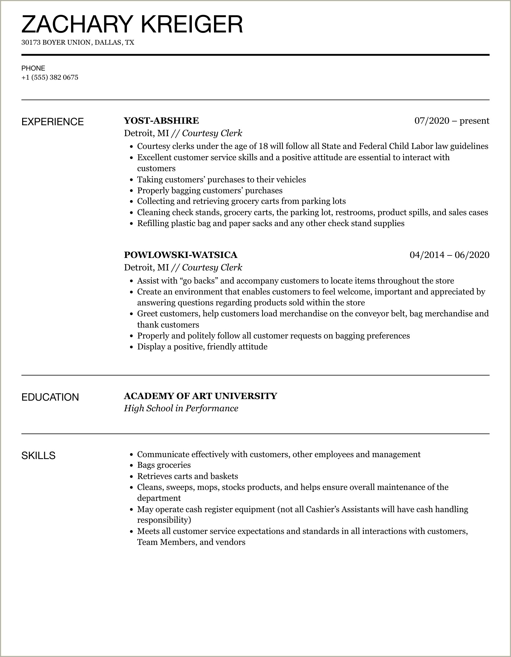 Example Of Resume Of Courtesy Clerk