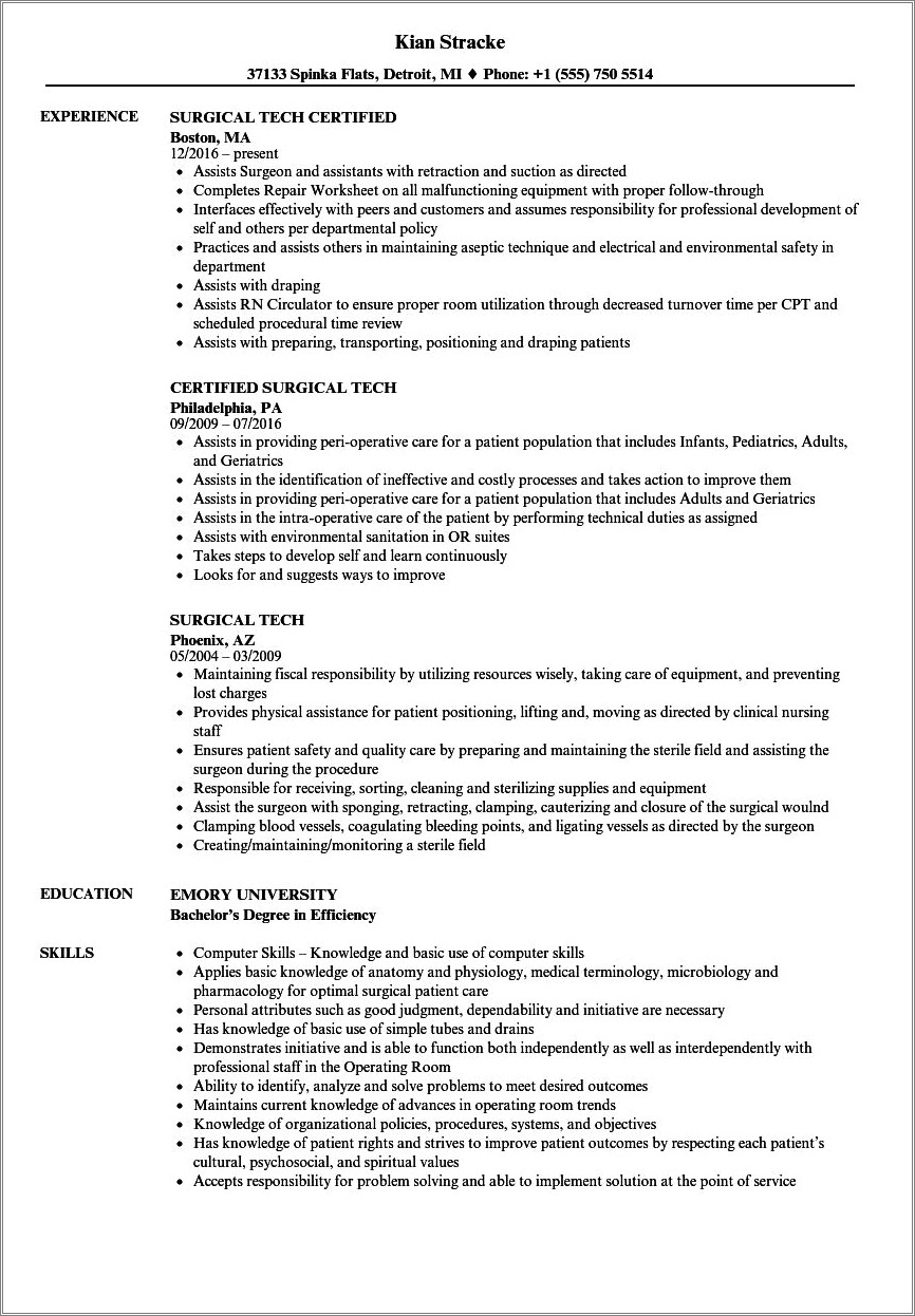 Example Of Resume Of Surgical Tech