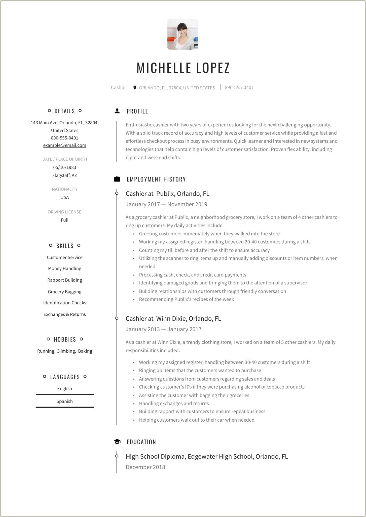 Example Of Resume Title For Cashier