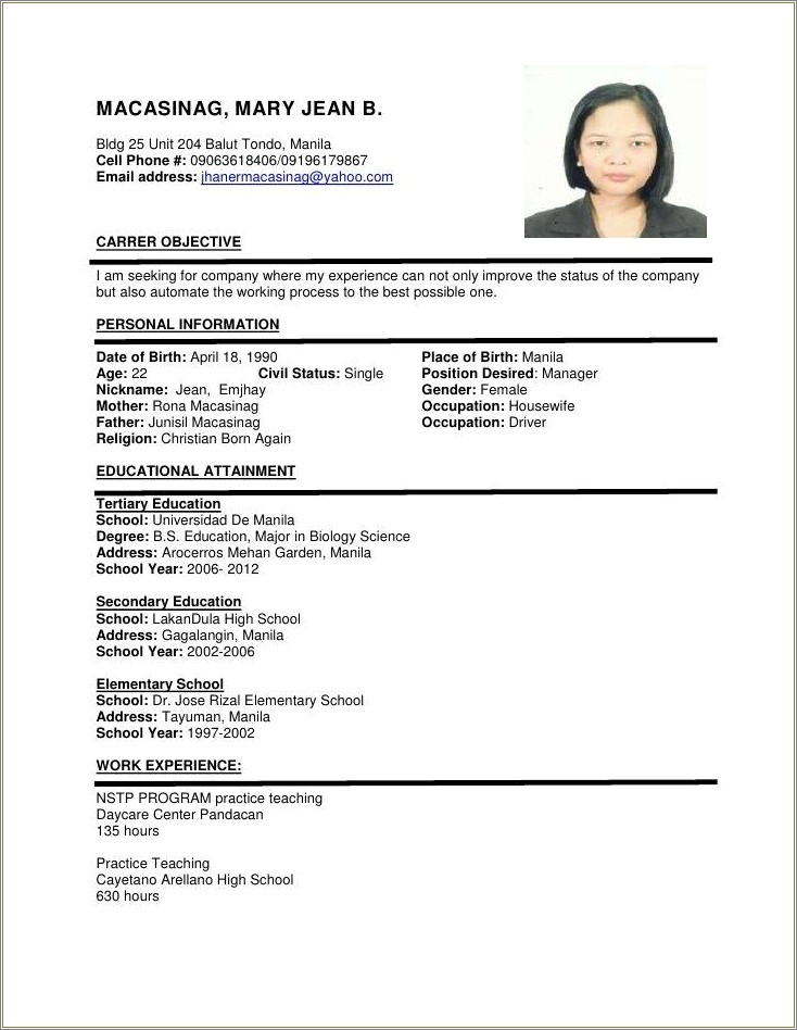 Example Of Resume To Apply Job With Experience