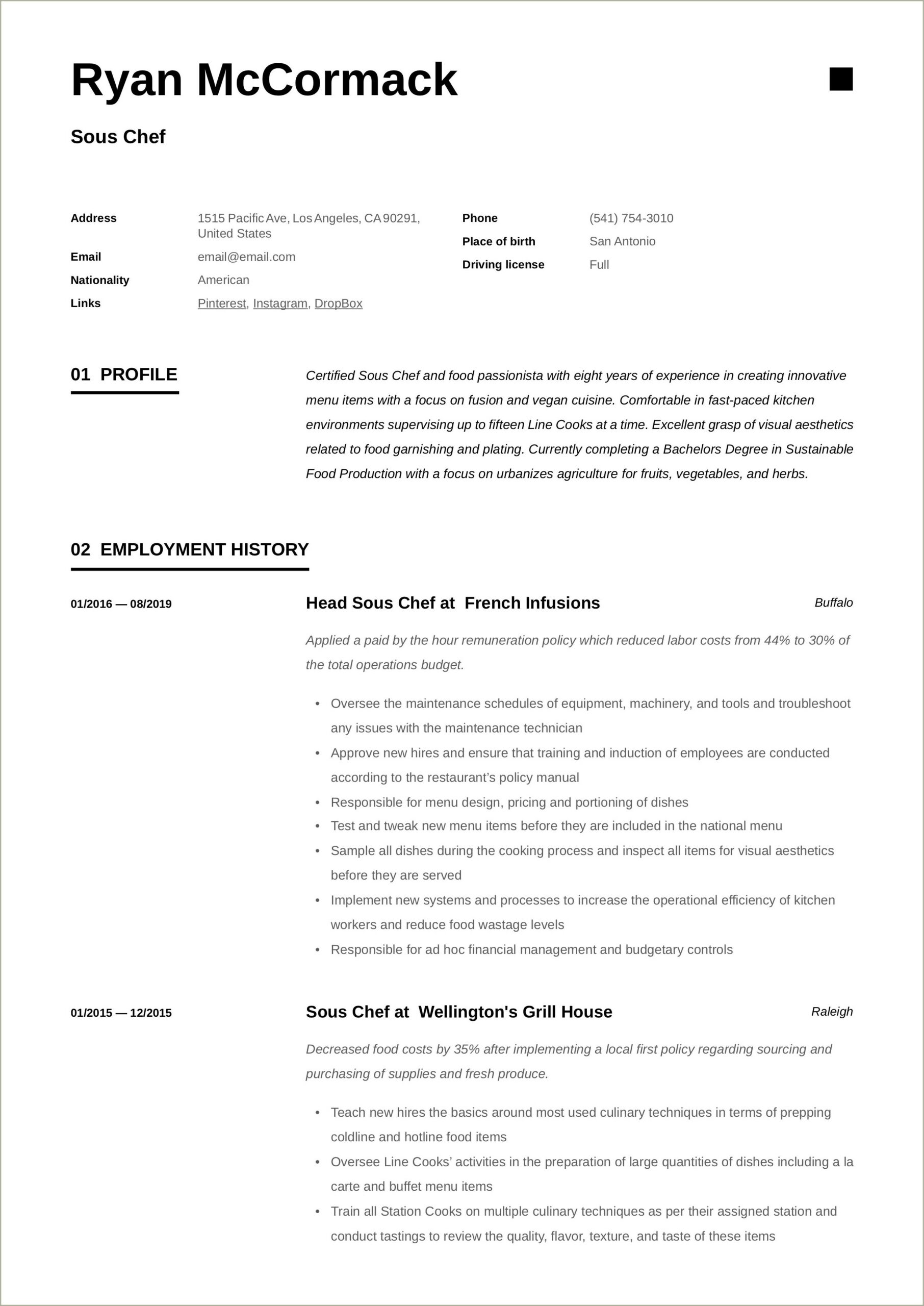 Example Of Resumes For Restaurant Jobs Sous Chef