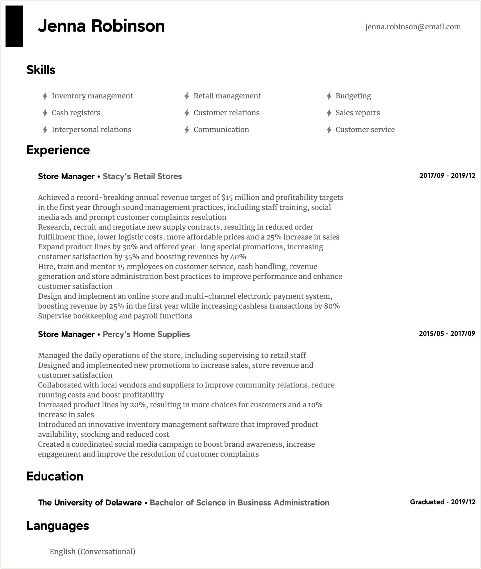 Example Of Retail Manager Resume 2019