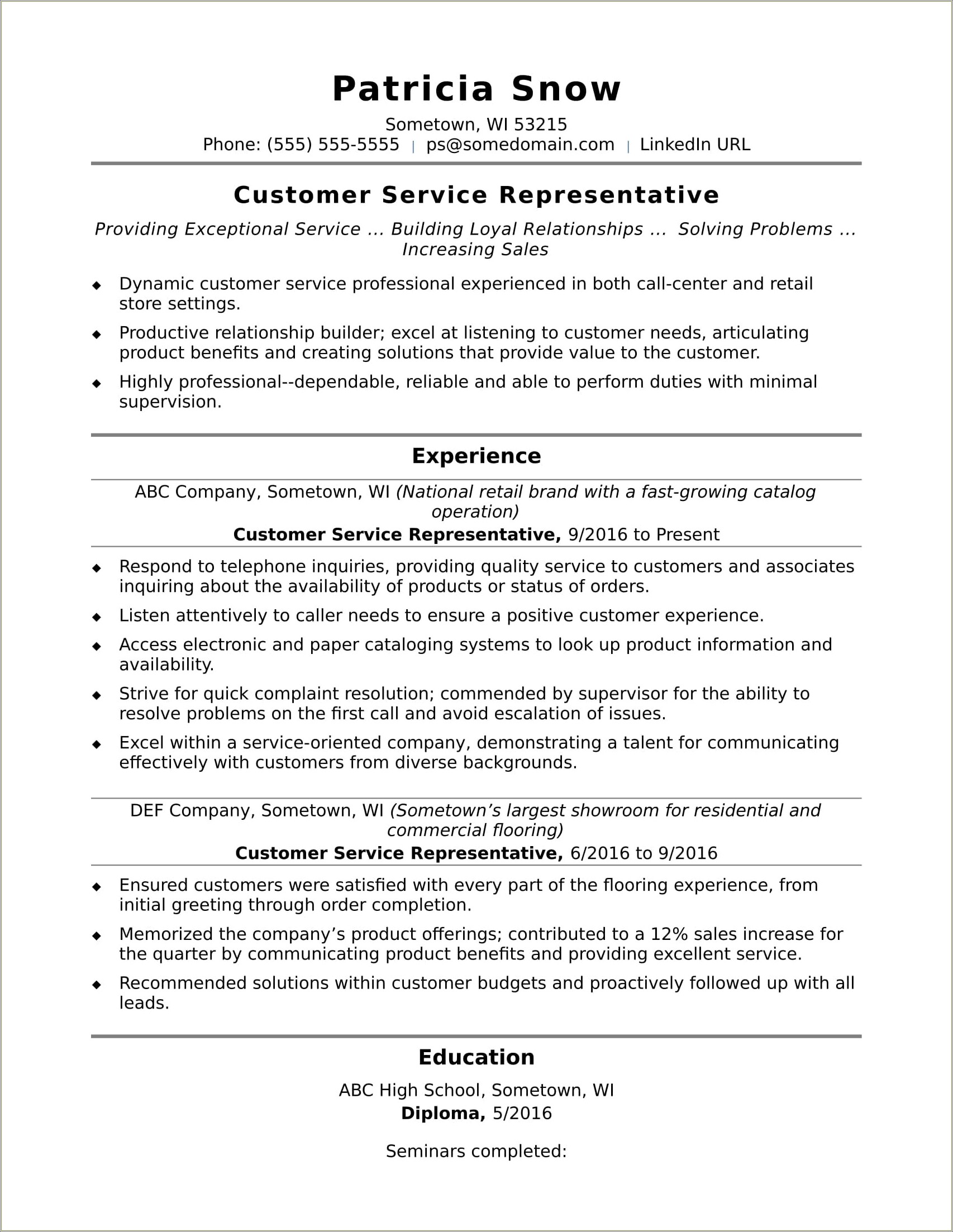 Example Of Sales Customer Service Resume