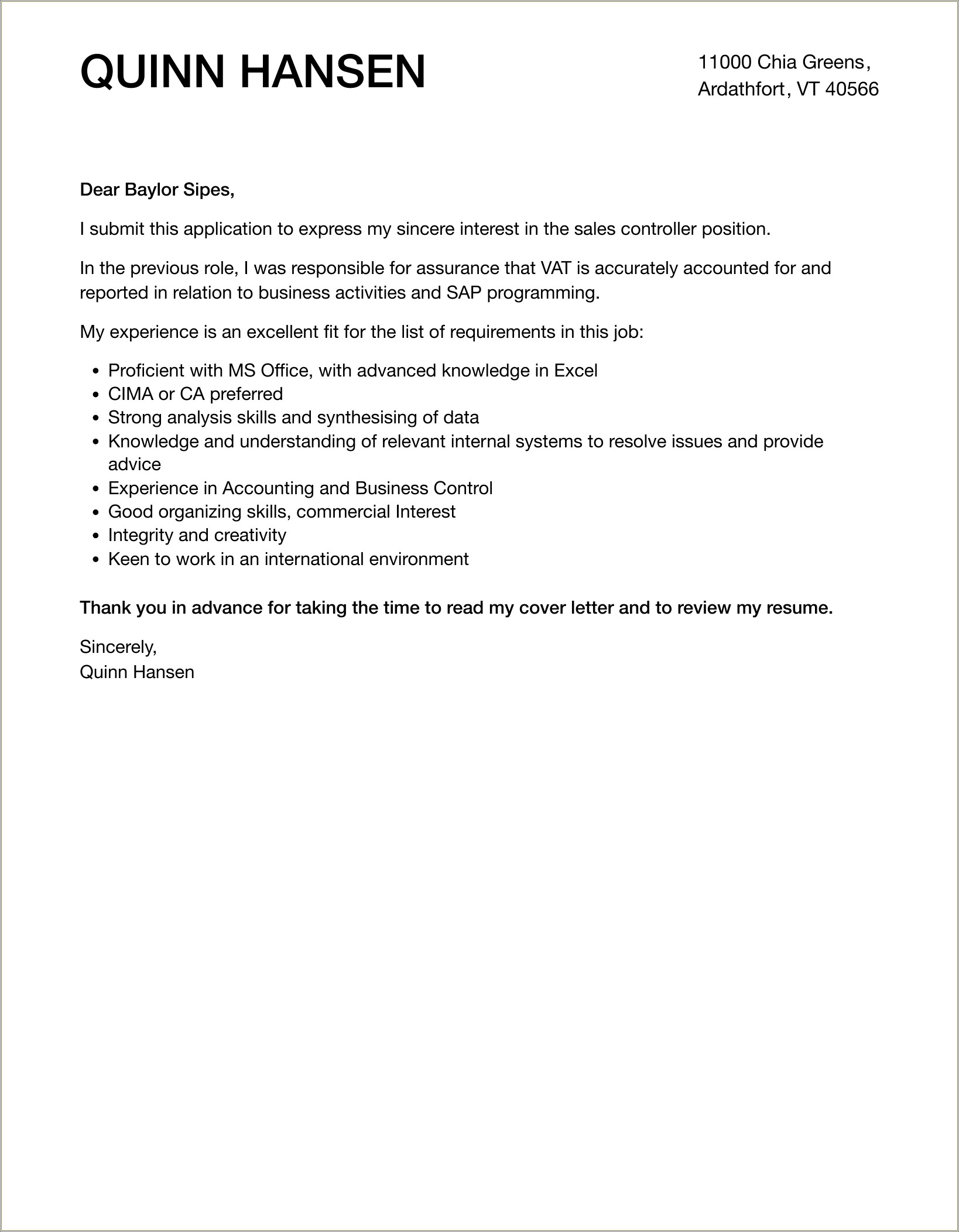 Example Of Sales Resume Cover Letter