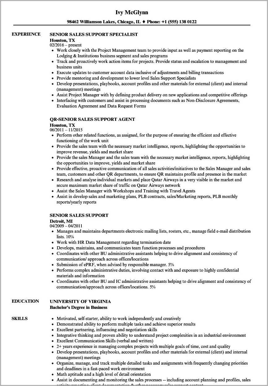 Example Of Sales Support Specialist Resume