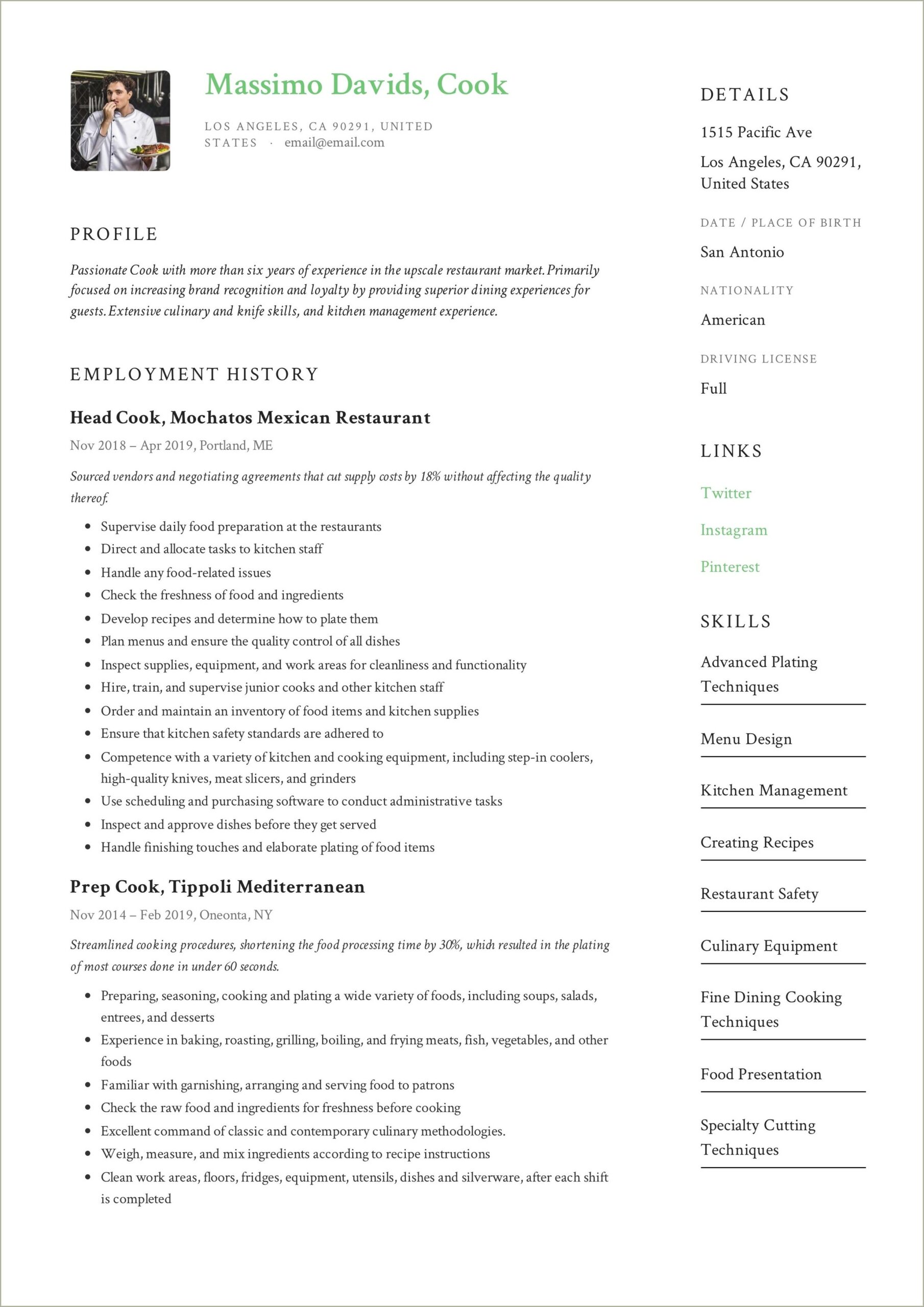 Example Of Short Order Cook Resume