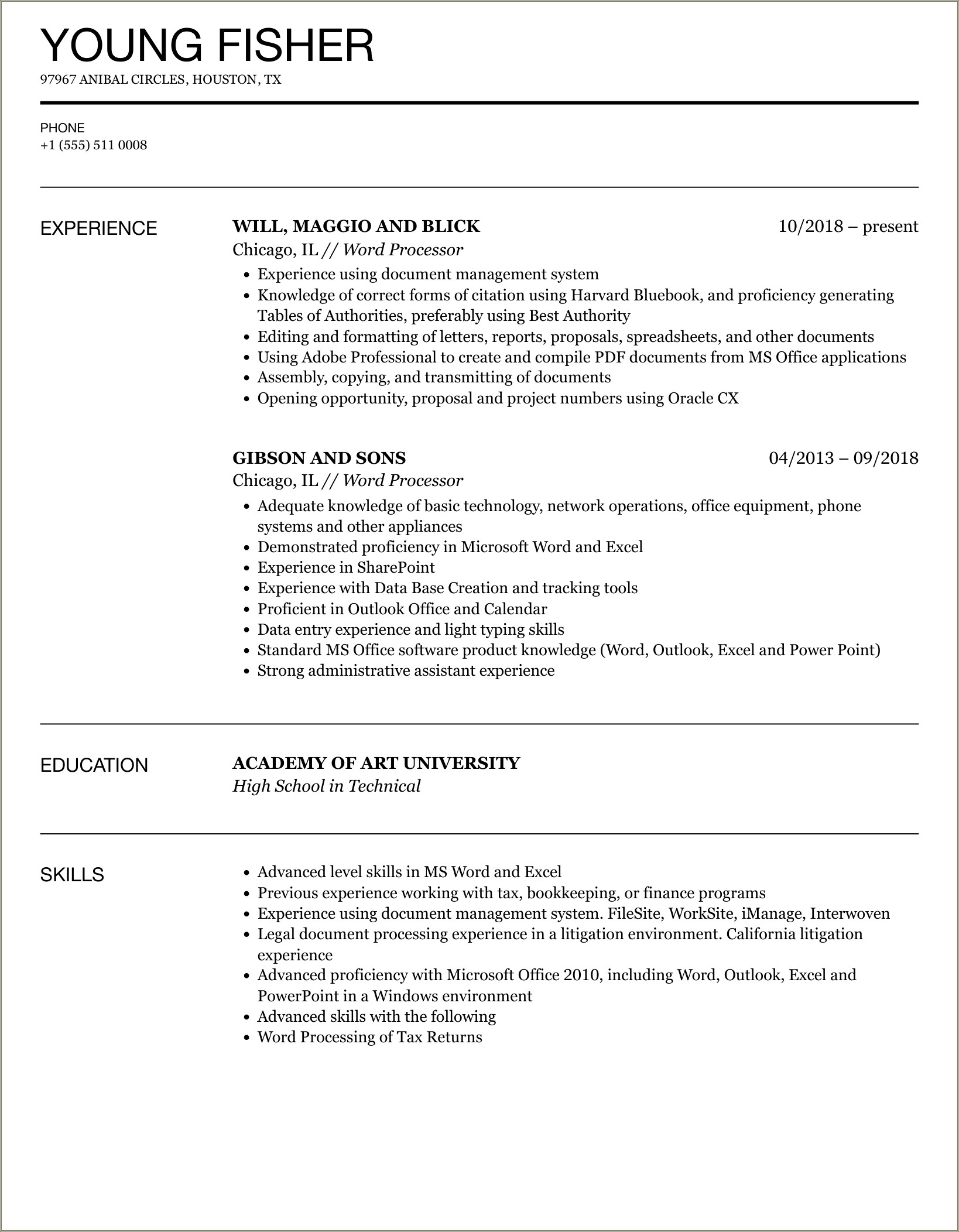 Example Of Skills Excel And Word For Resume