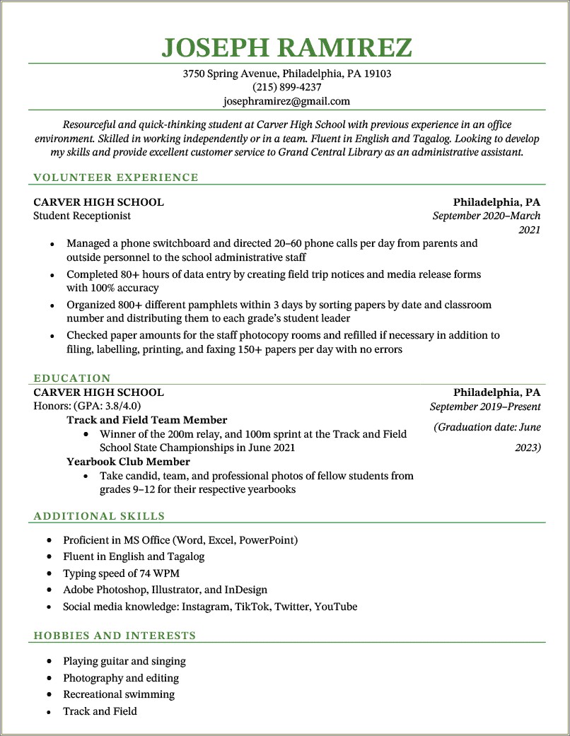 Example Of Student Colleague Summary Resume