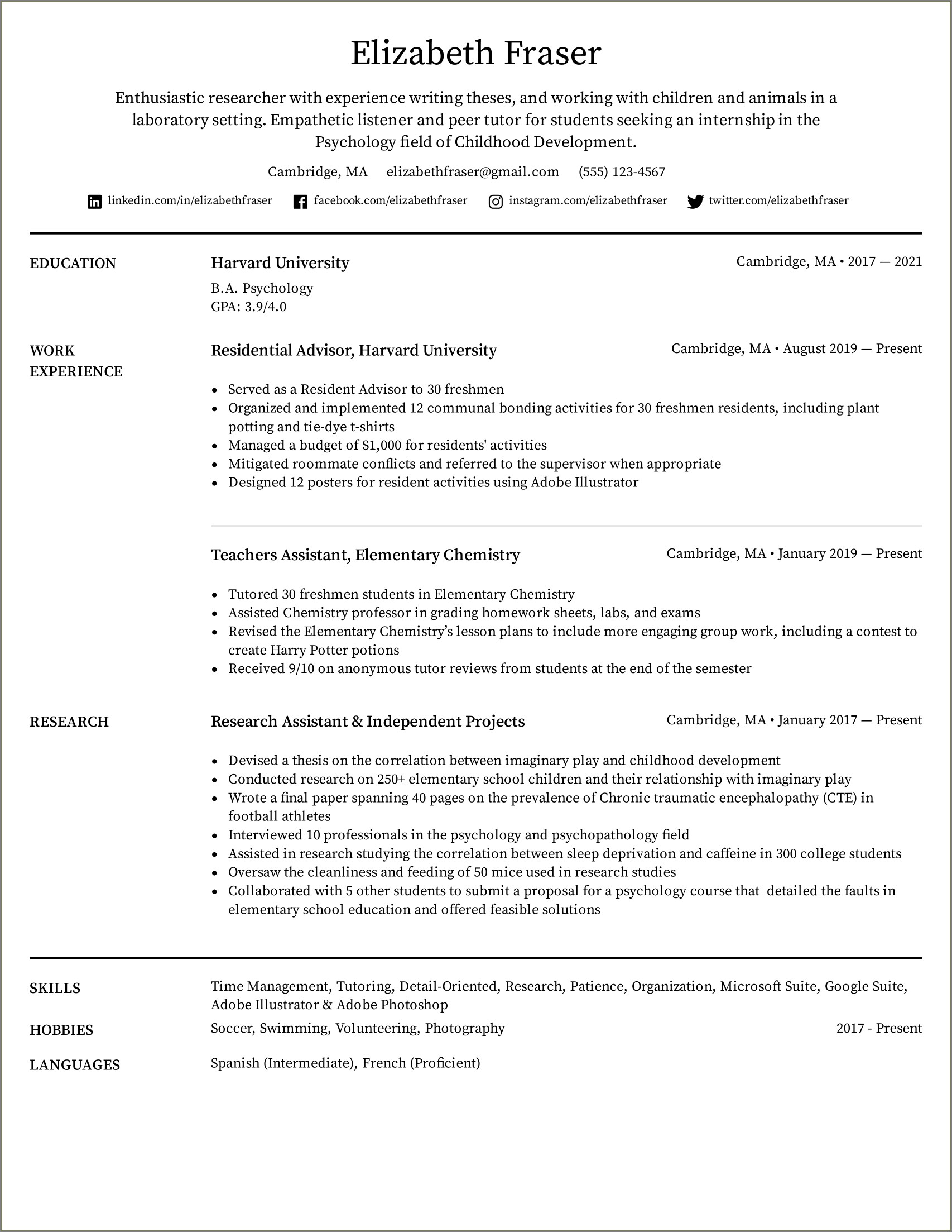 Example Of Student Resume For Part Time Work