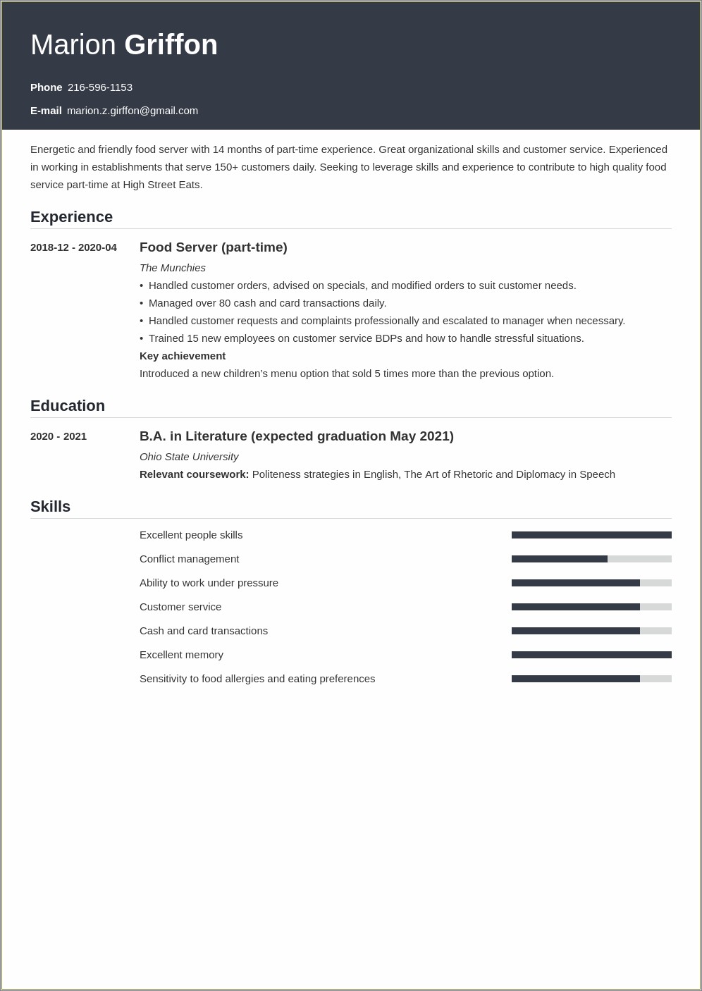 Example Of Student Resume For Summer Job