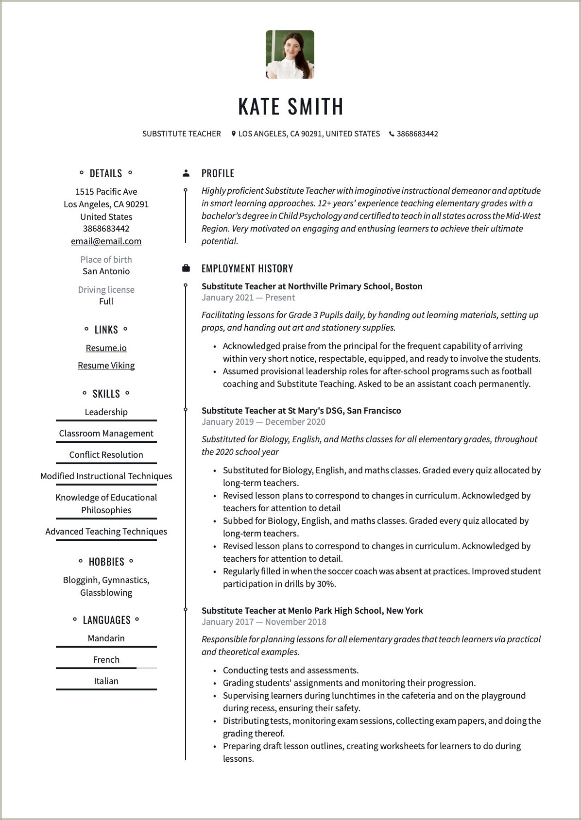 Example Of Substitue Teaching On Resume