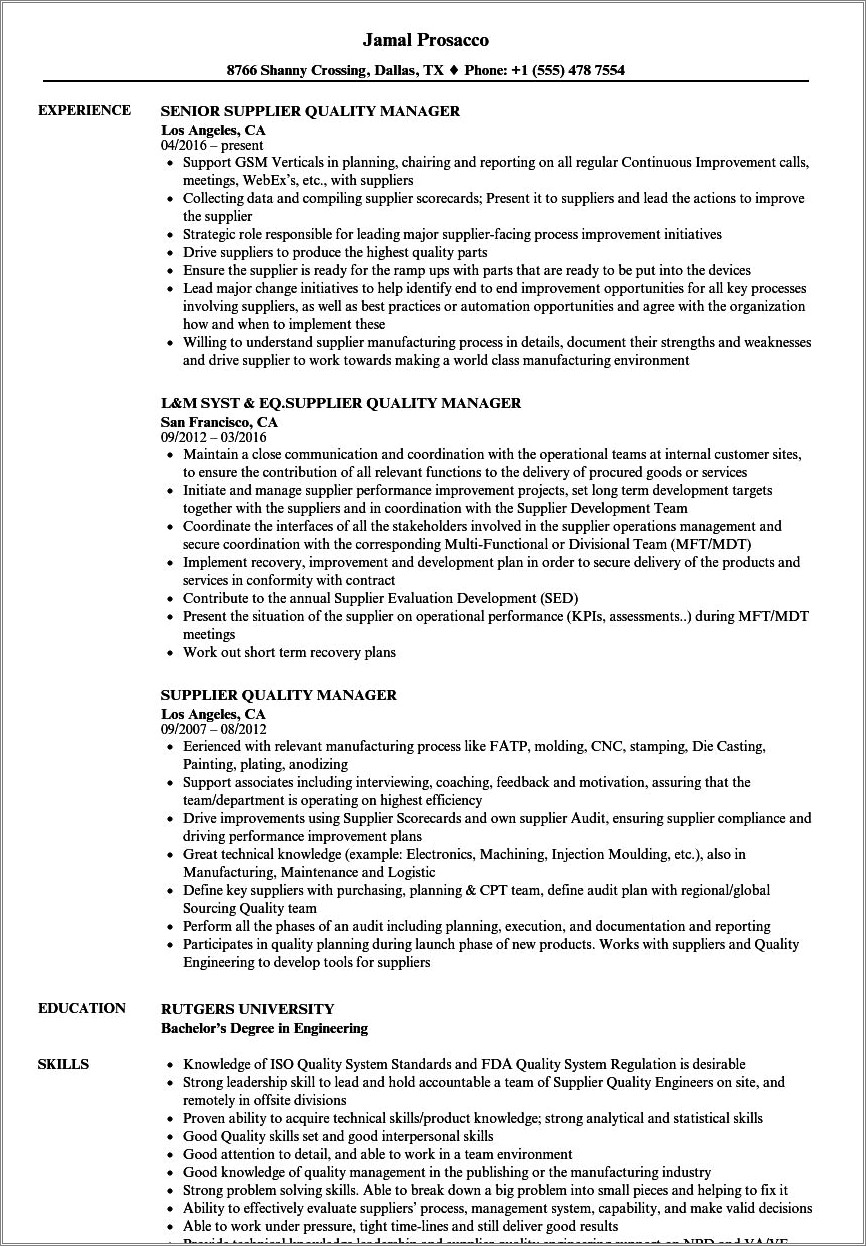 Example Of Supplier Quality Engineer Resume