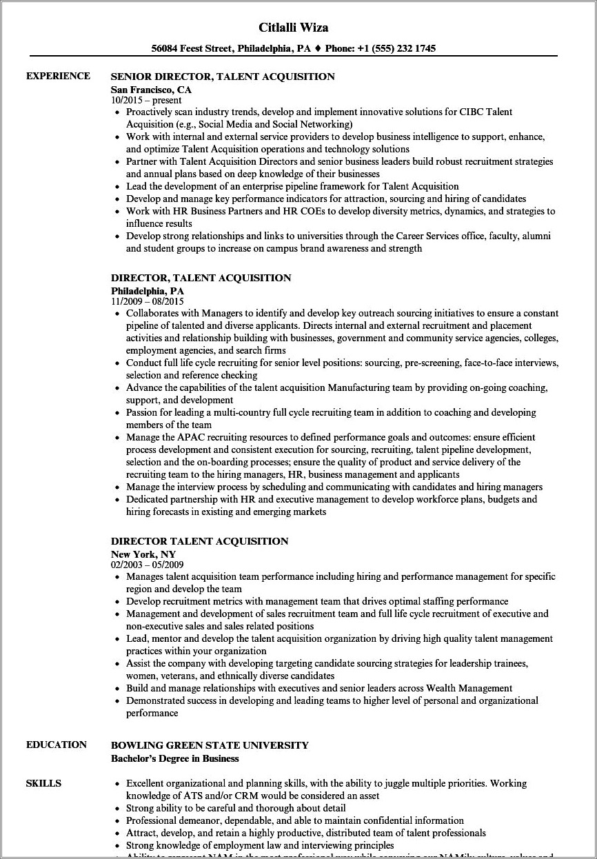 Example Of Talent Acquisition Manager Resume