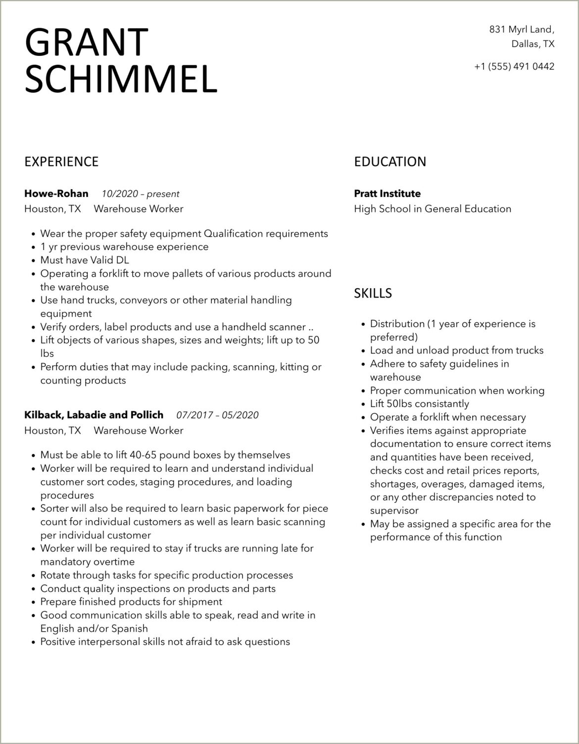 Example Of Temporary Warehouse Worker Resume