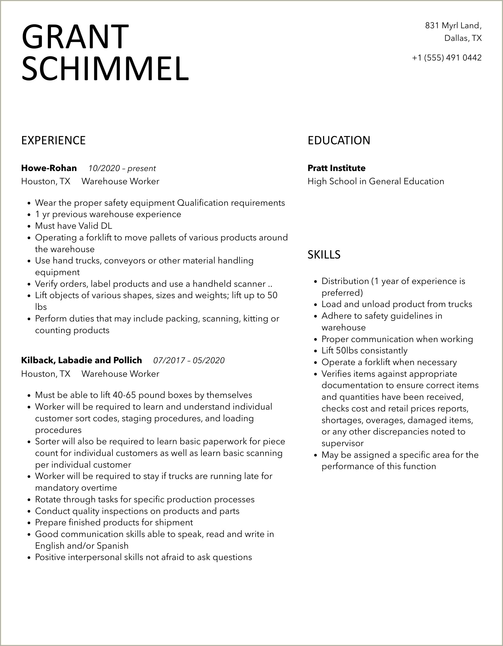 Example Of Temporary Warehouse Worker Resume