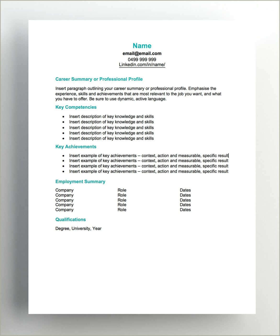 Example One Page Resume For Experience