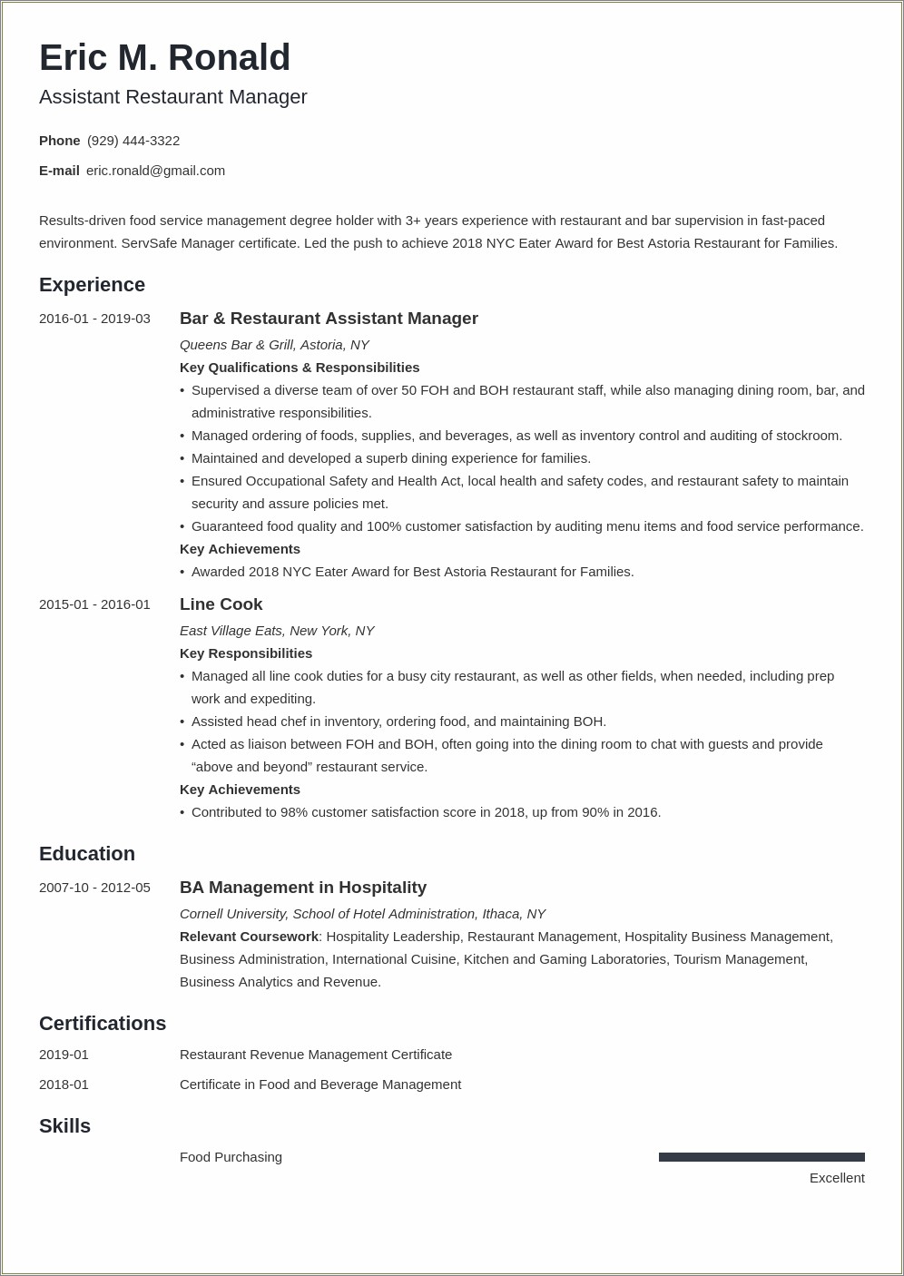 Example Restaurant Store Manager Resume Word Format