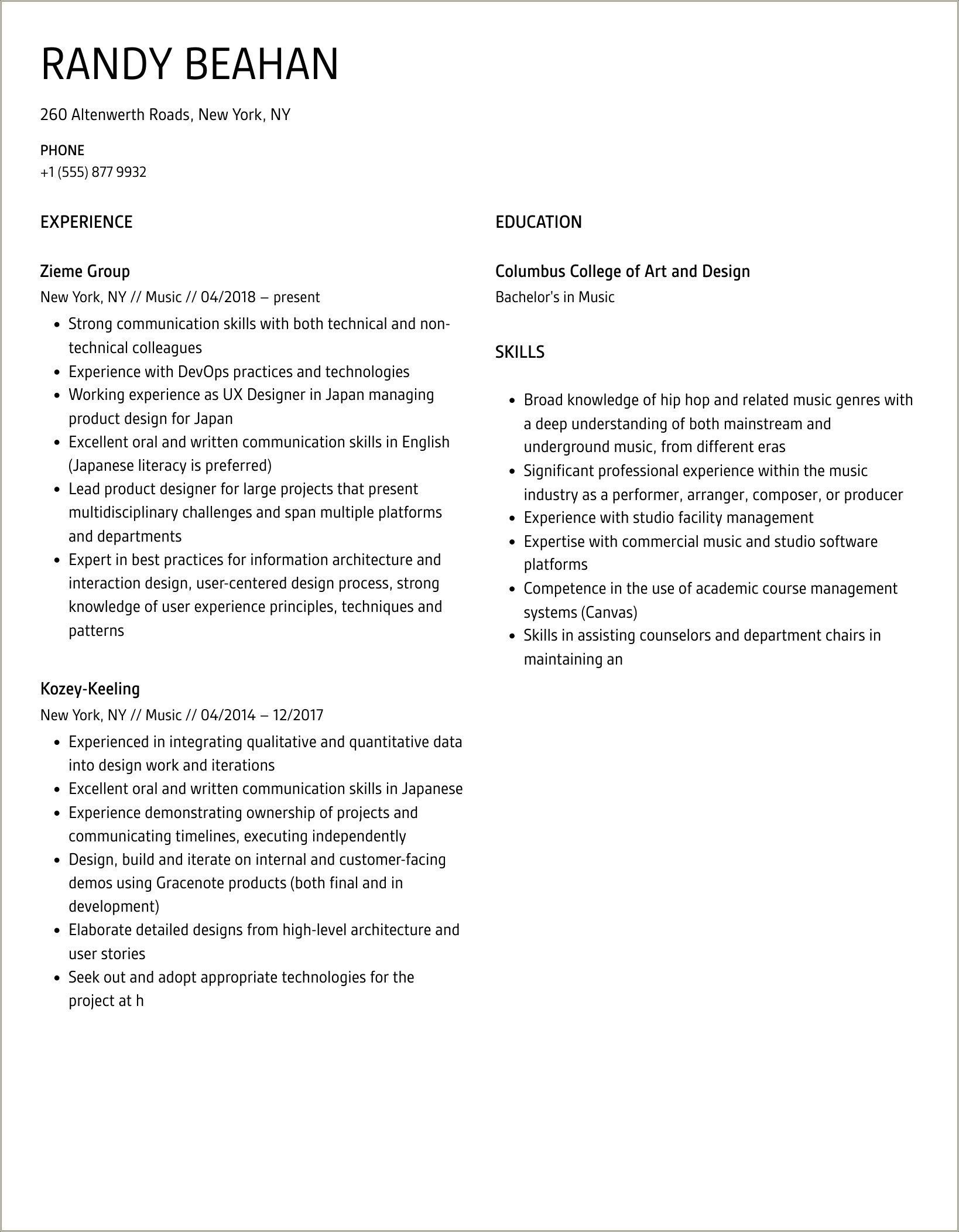 Example Resume After Master Of Music
