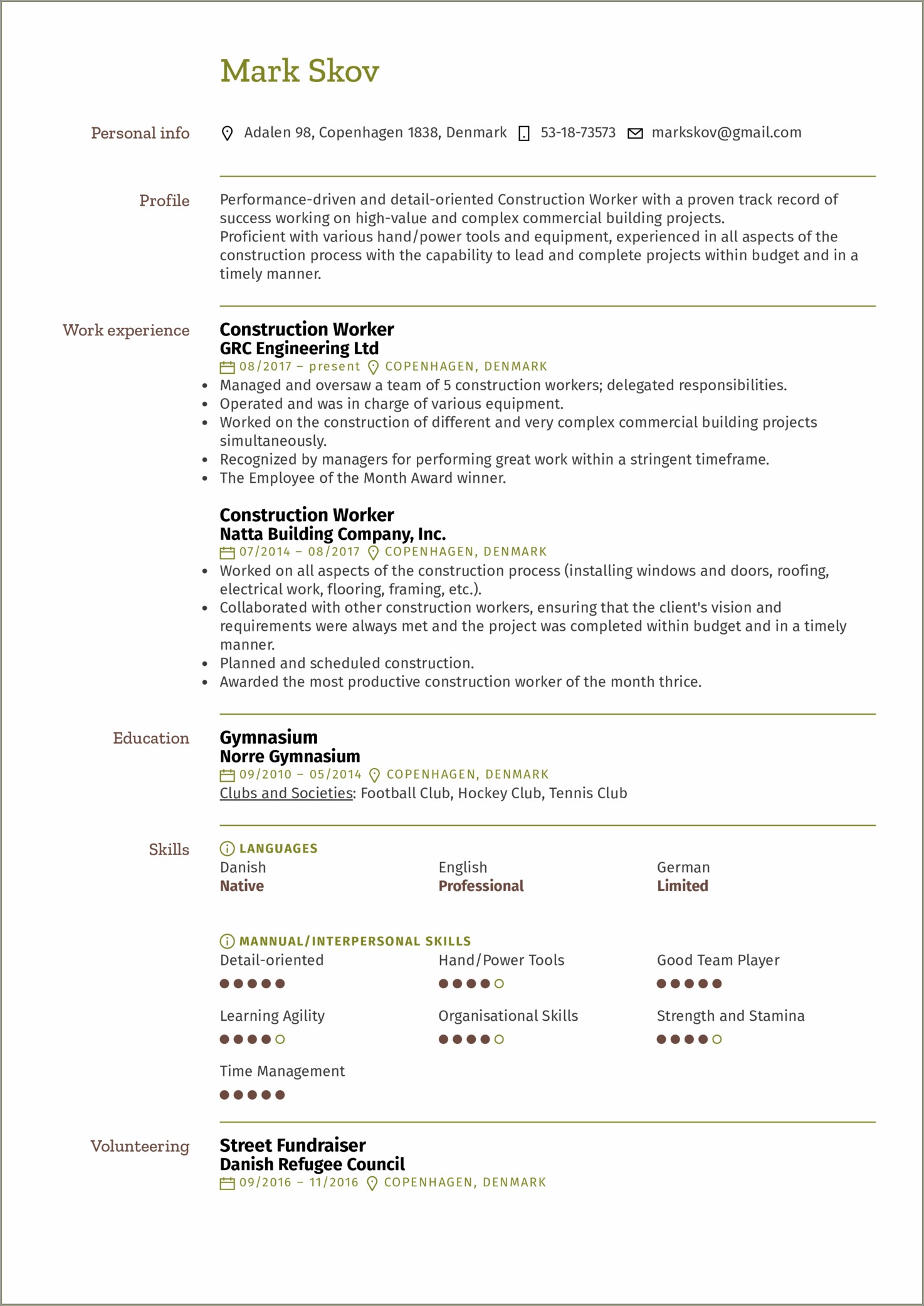 Example Resume Clip Of Construction Work