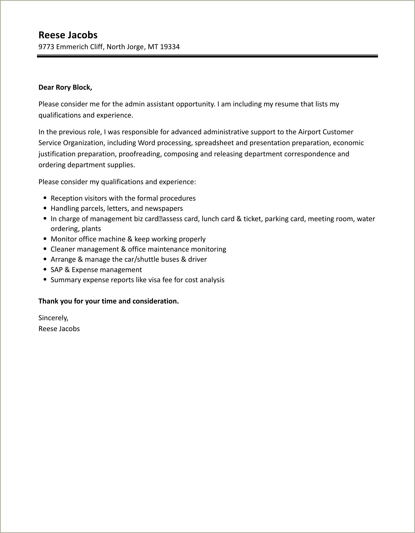 Example Resume Cover Letter For Administrative Assistant