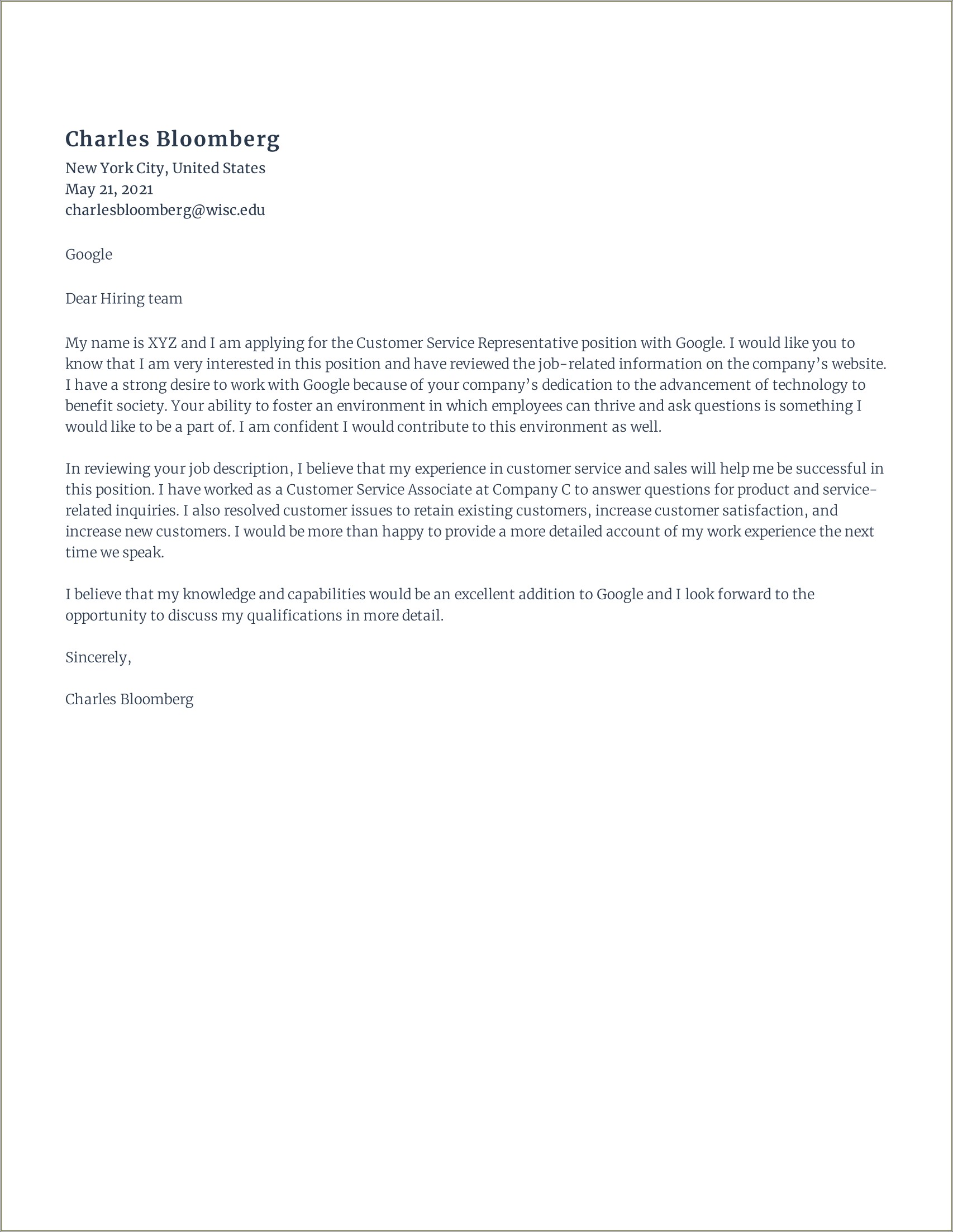 Example Resume Customer Service Cover Letter