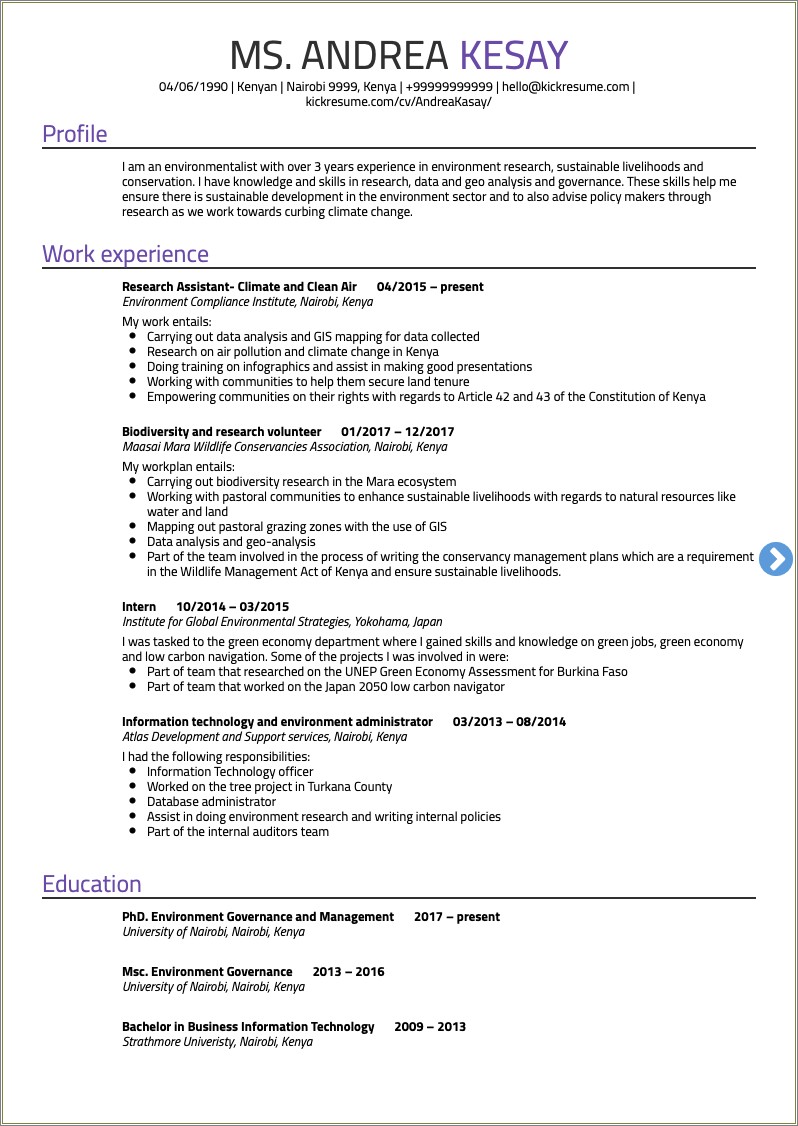 Example Resume For A Environmetal Job