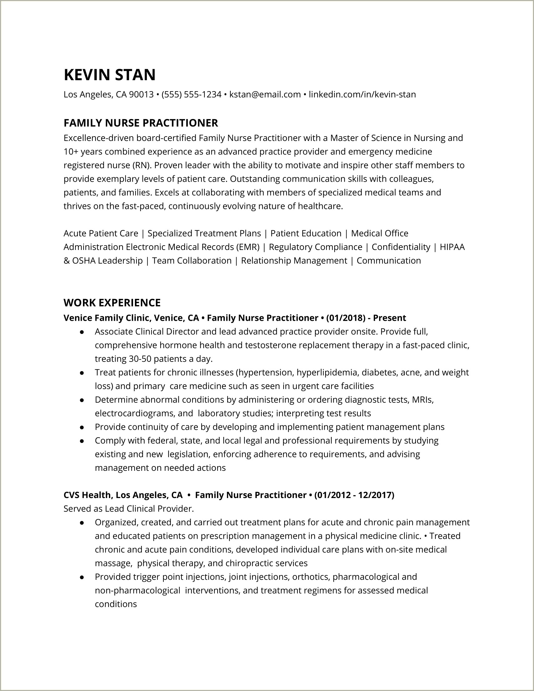 Example Resume For A Nurse Practitioner