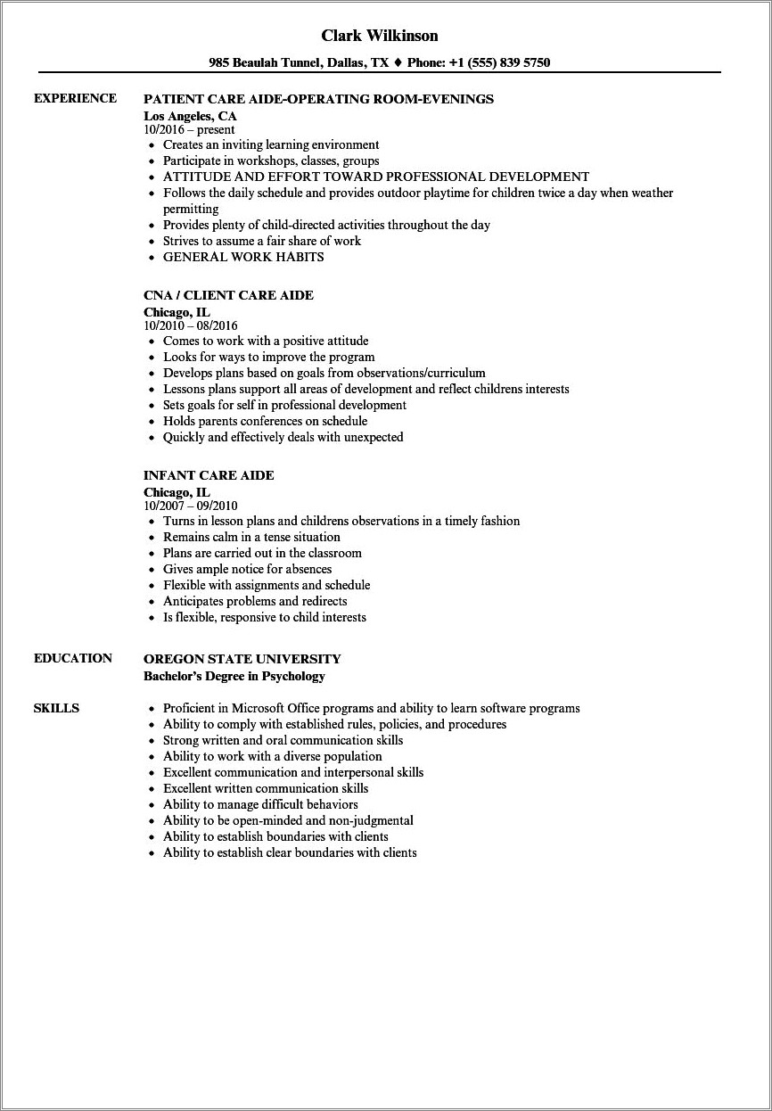 Example Resume For Adult Day Aide