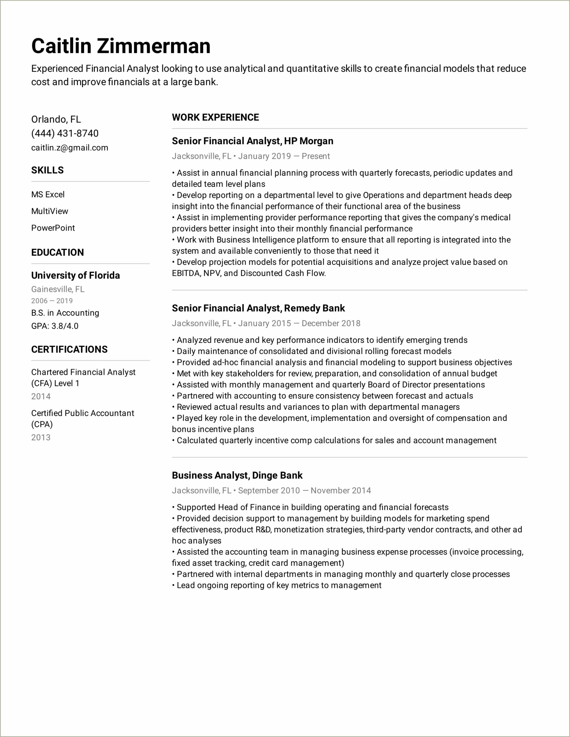 Example Resume For An Fp&a Analyst