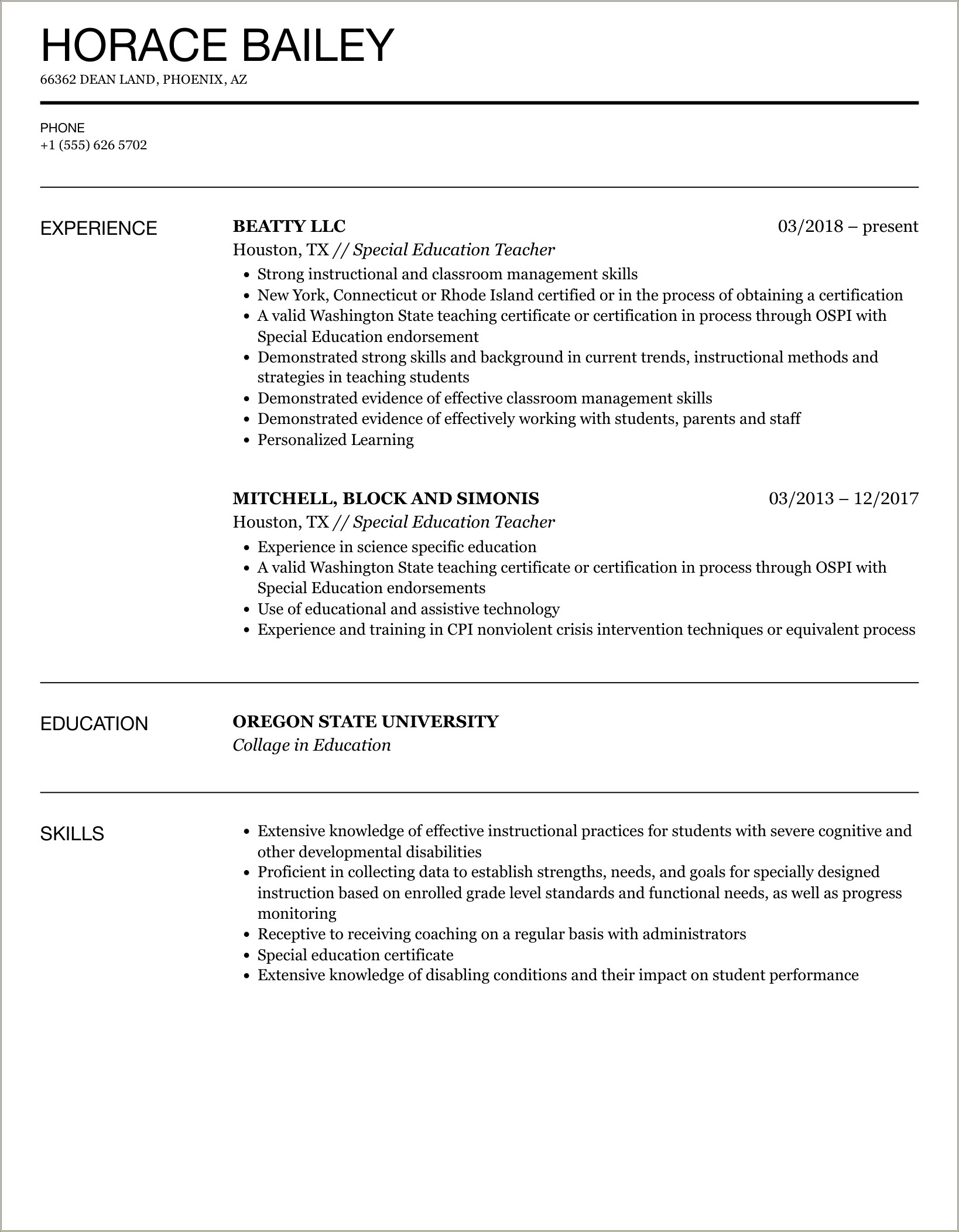 Example Resume For An Instructional Monitor For Preschool
