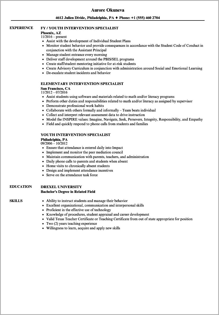 Example Resume For An Instructional Monitor