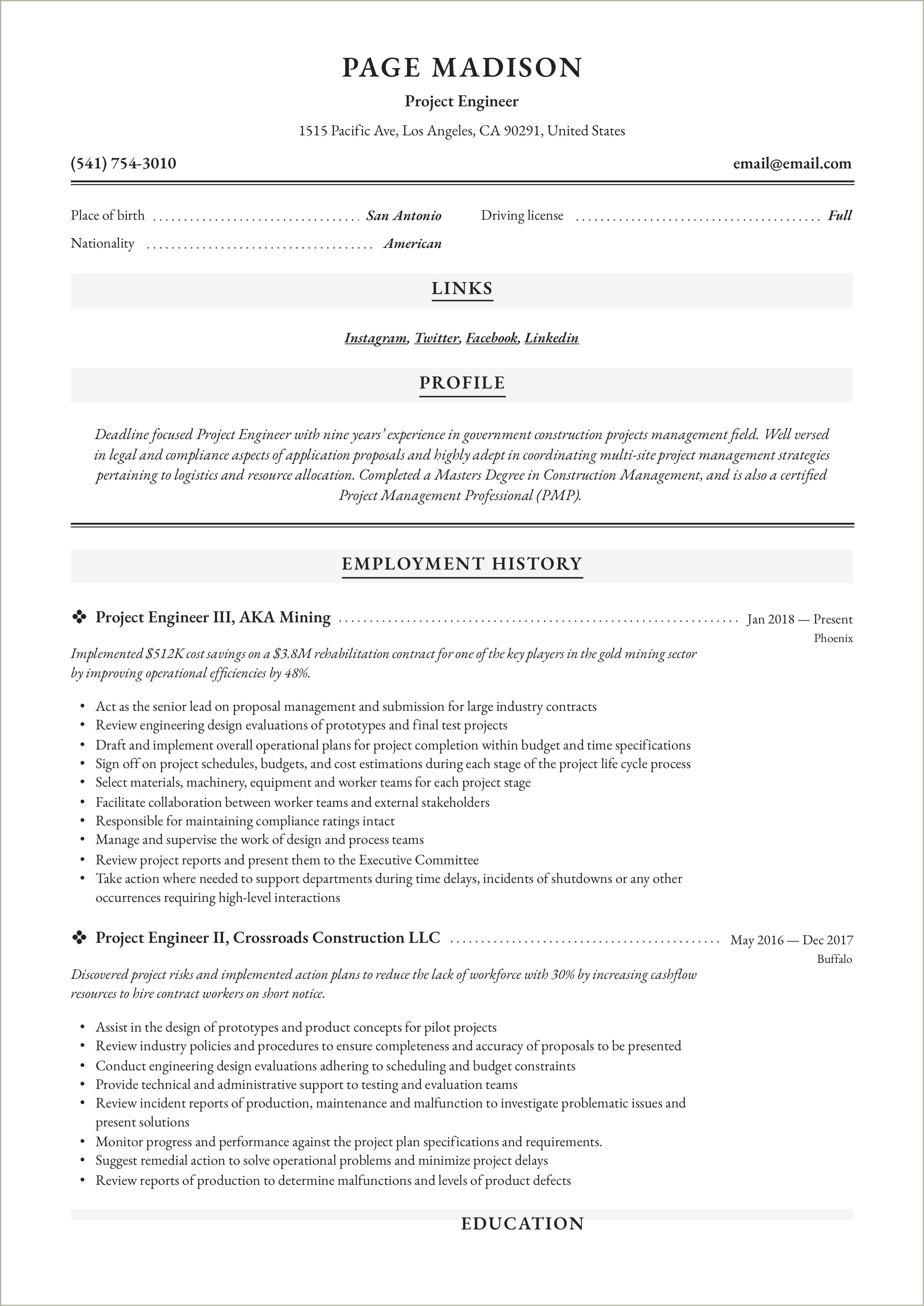 Example Resume For An It Field Engineer
