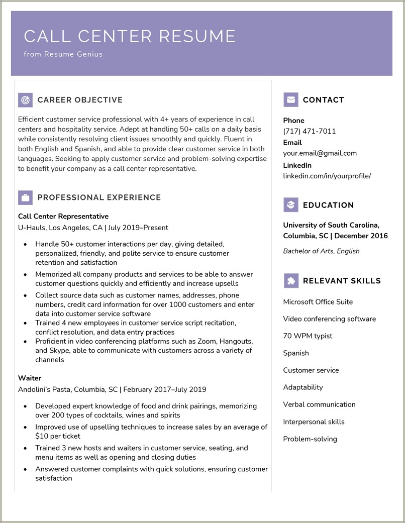 Example Resume For Call Center Job