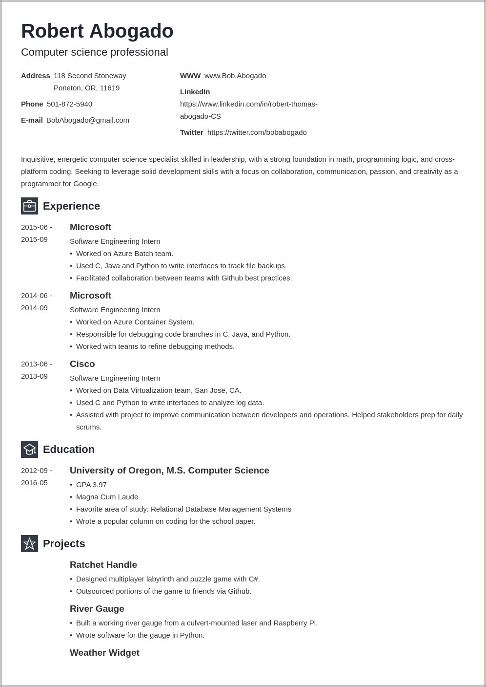 Example Resume For Computer Science Undergraduate