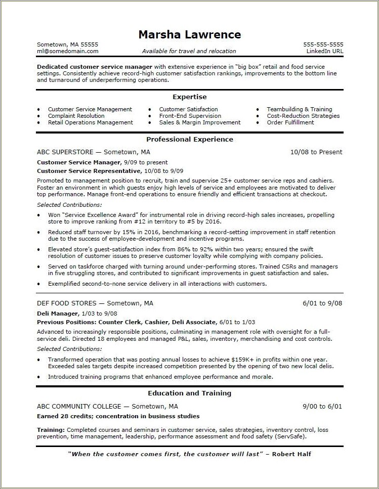 Example Resume For Customer Service Manager