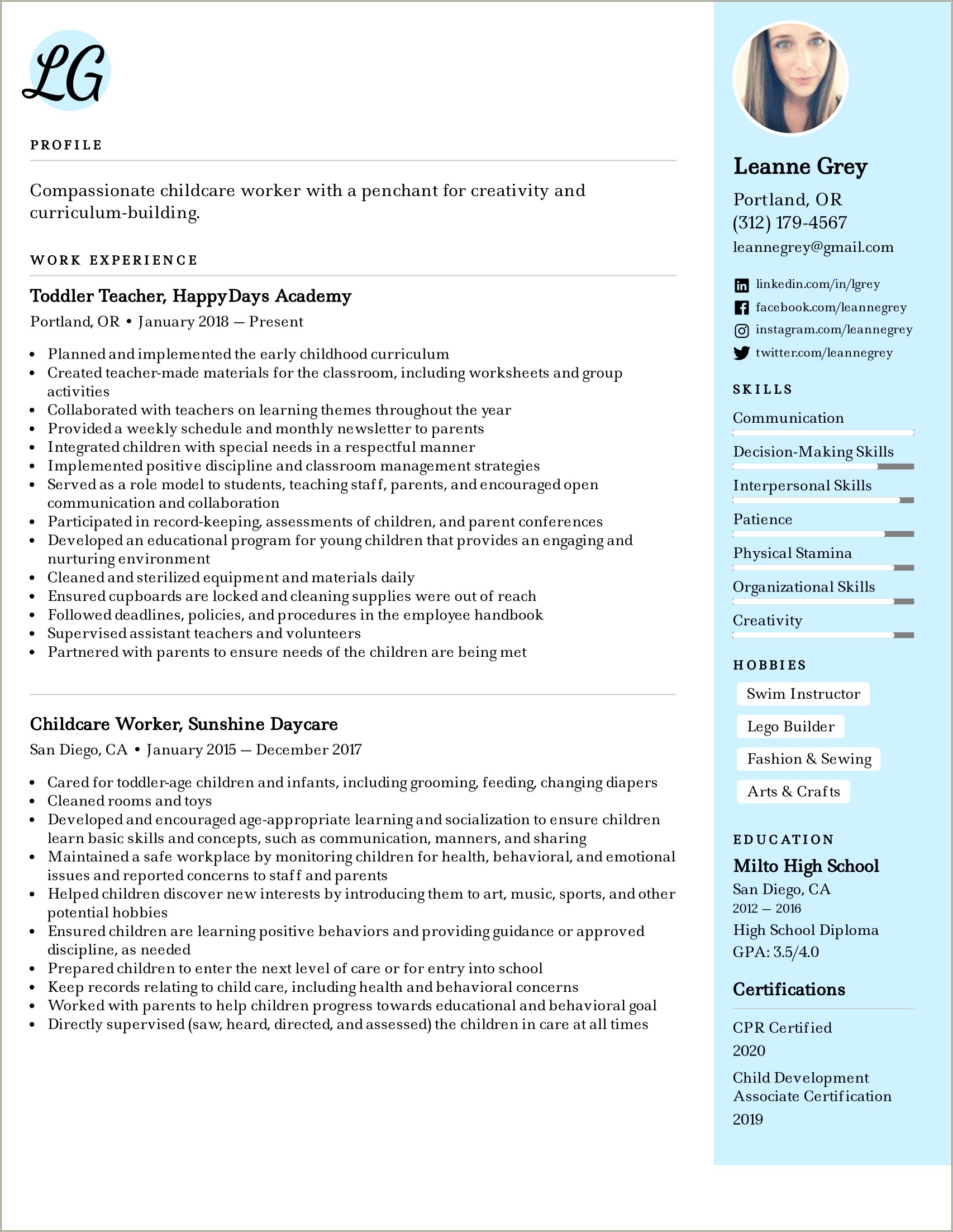 Example Resume For Day Care Teacher