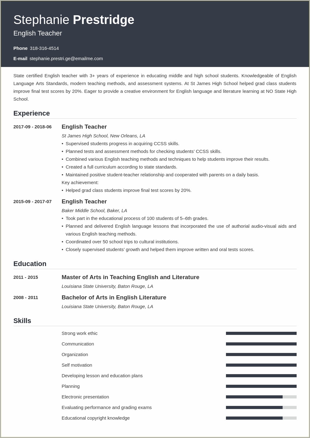 Example Resume For English Teacher In China